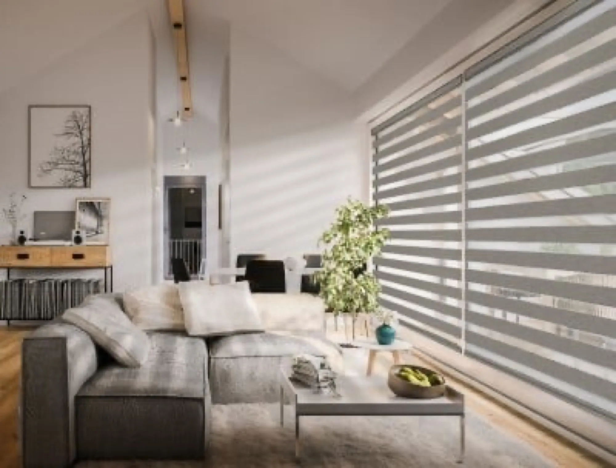 Grey banded shades, alternating sheer and solid stripes, along a wall of windows under a vaulted ceiling.