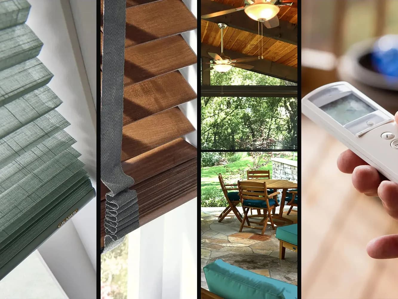 Four window treatments side by side: sage green cellular shades, wood-grain blind slats with grey cloth tapes, a covered porch with motorized screens, and a hand holding a shade remote.