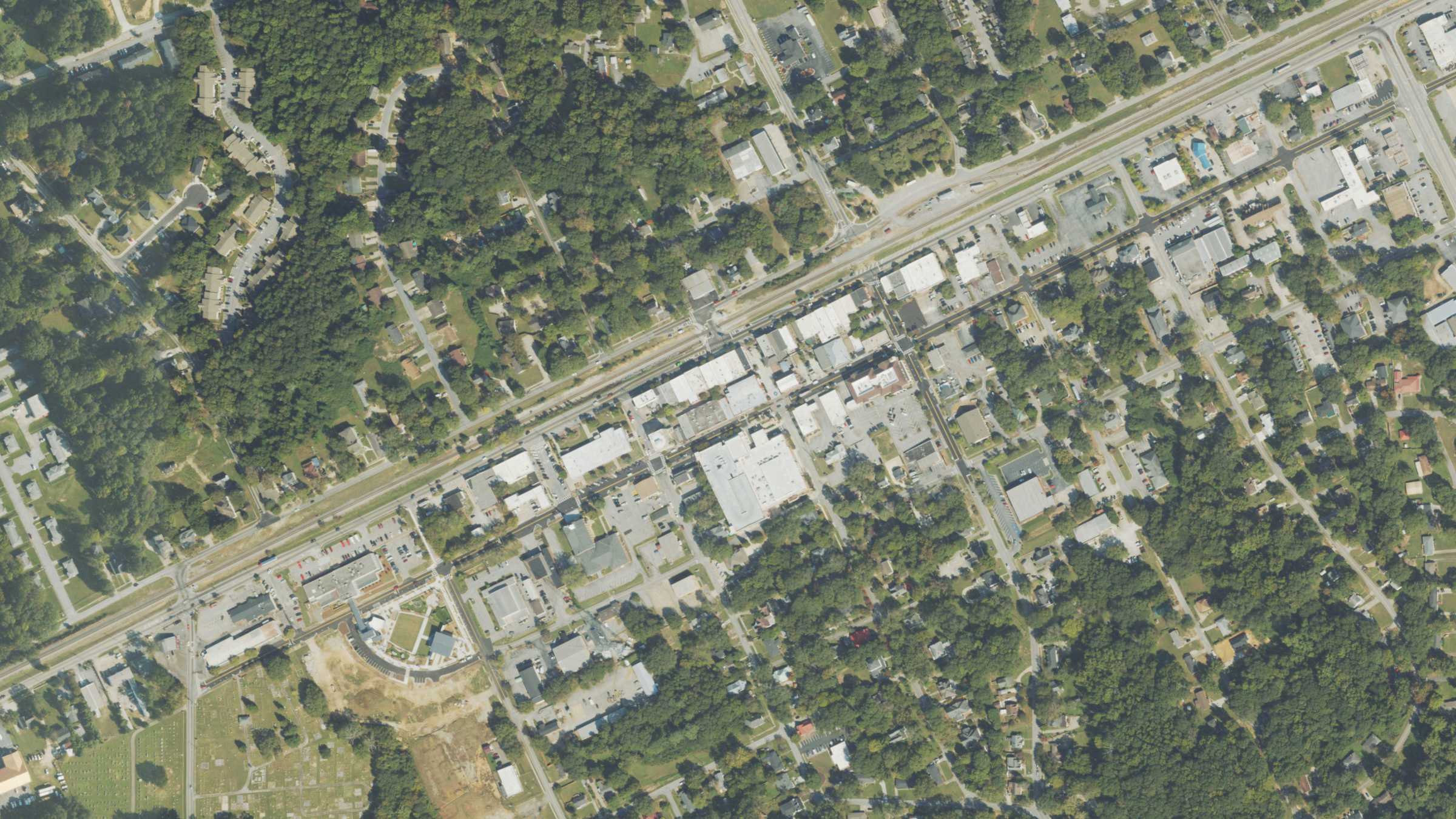 Aerial view of downtown around Church Street, Douglasville